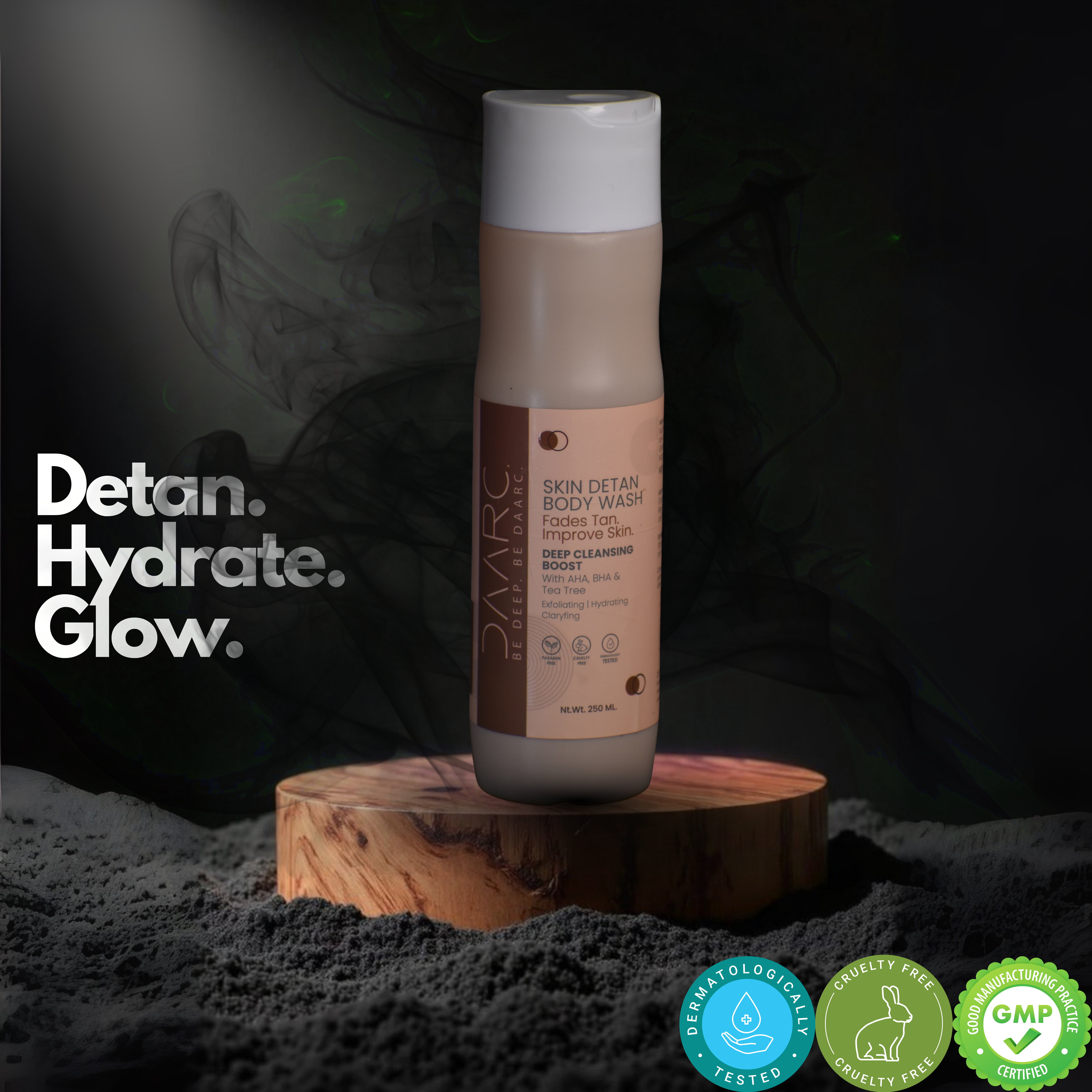 DAARC DeTan Body Wash with 10% Glycolic Acid, 5% Lactic Acid & 2% Salicylic Acid | Removes Tan, Clears Acne & Brightens | Dermatologist Tested | 250ml