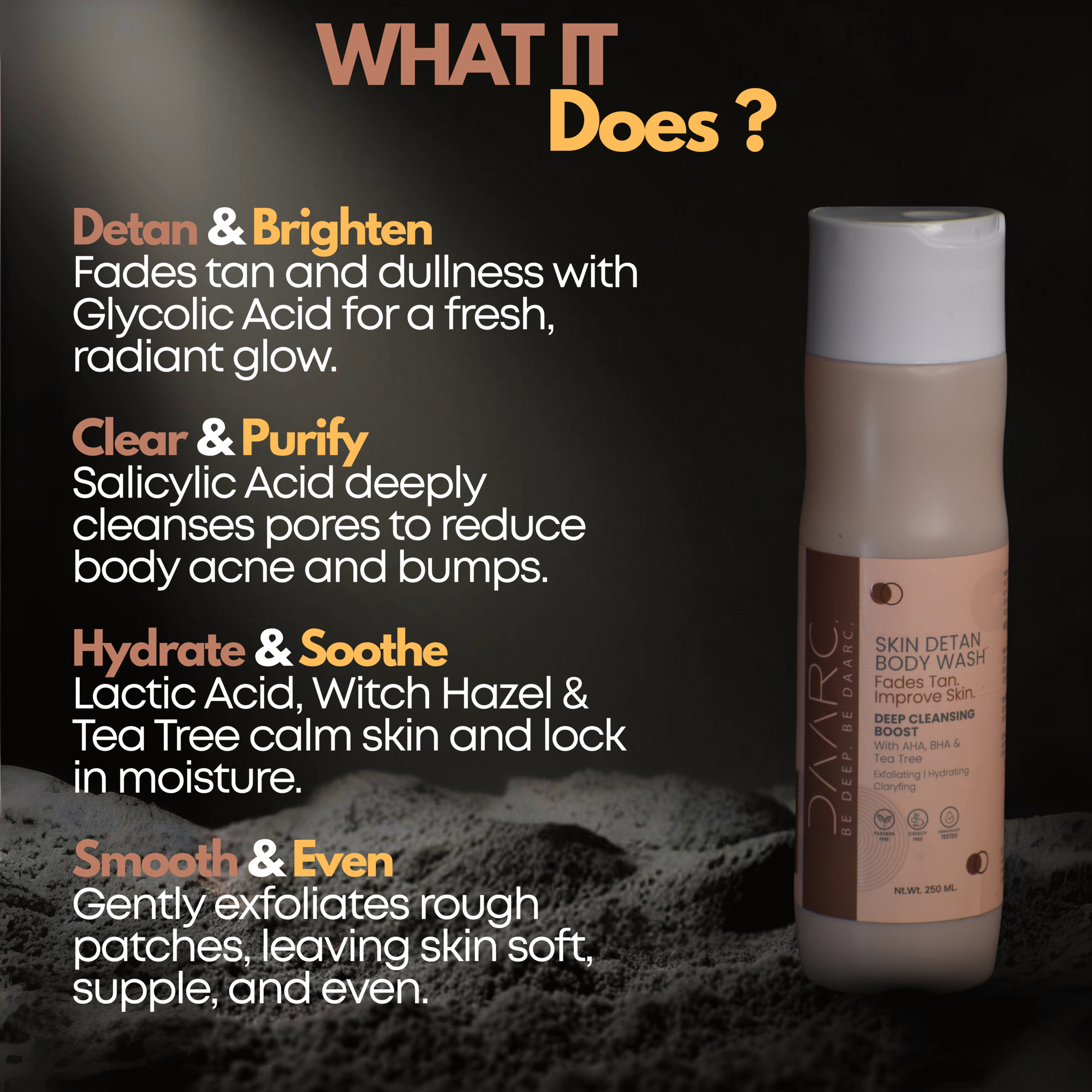 DAARC DeTan Body Wash with 10% Glycolic Acid, 5% Lactic Acid & 2% Salicylic Acid | Removes Tan, Clears Acne & Brightens | Dermatologist Tested | 250ml - Image 3