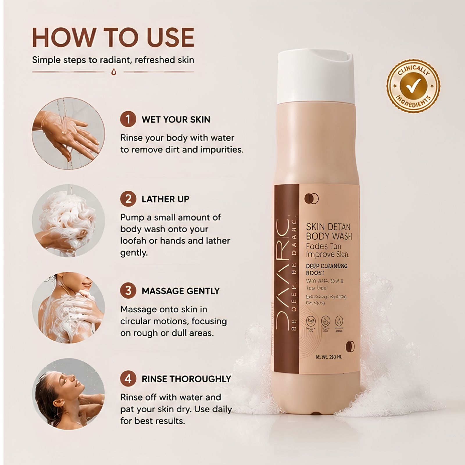 DAARC DeTan Body Wash with 10% Glycolic Acid, 5% Lactic Acid & 2% Salicylic Acid 250ml - Image 5