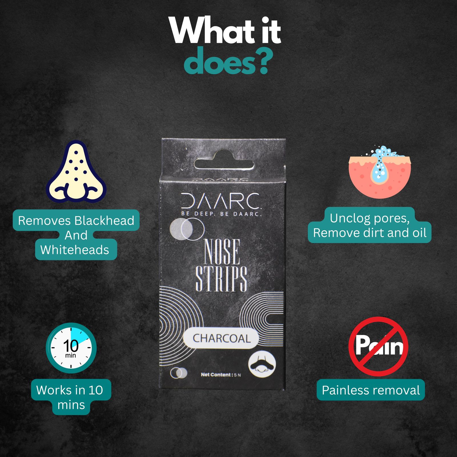 DAARC Charcoal Nose Strips for Blackhead Removal | FDA Approved | Dermatologist Tested | Pack of 5 - Image 3