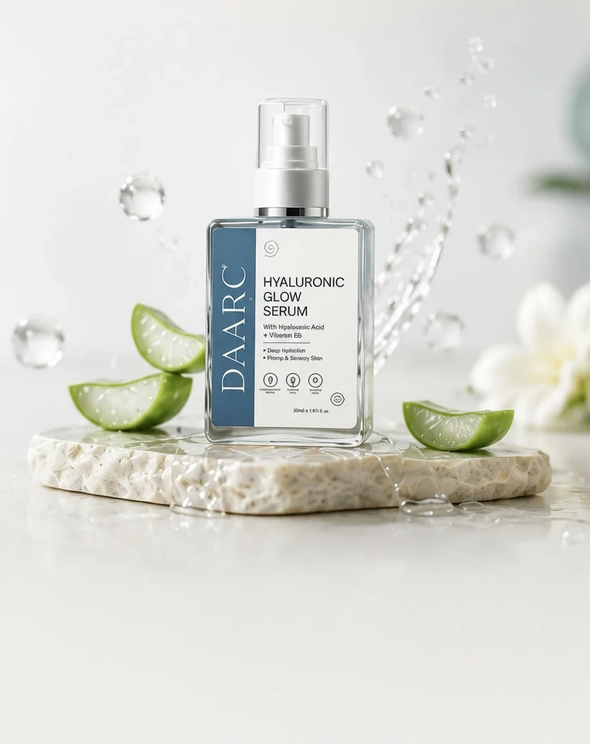 DAARC Hyaluronic Glow Serum on marble with aloe and water